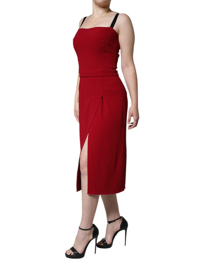 Red Viscose Stretch Side Slit Sheath Midi Dress - The Luxe Alliance