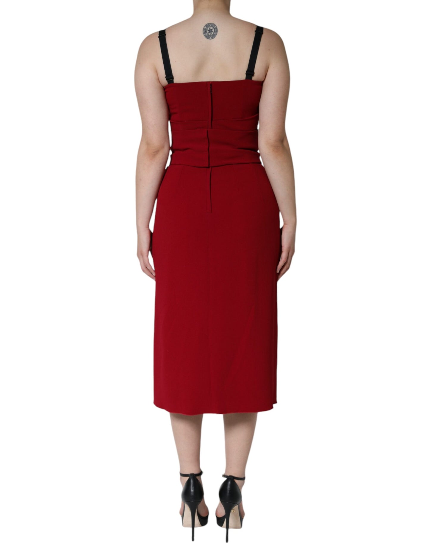 Red Viscose Stretch Side Slit Sheath Midi Dress - The Luxe Alliance