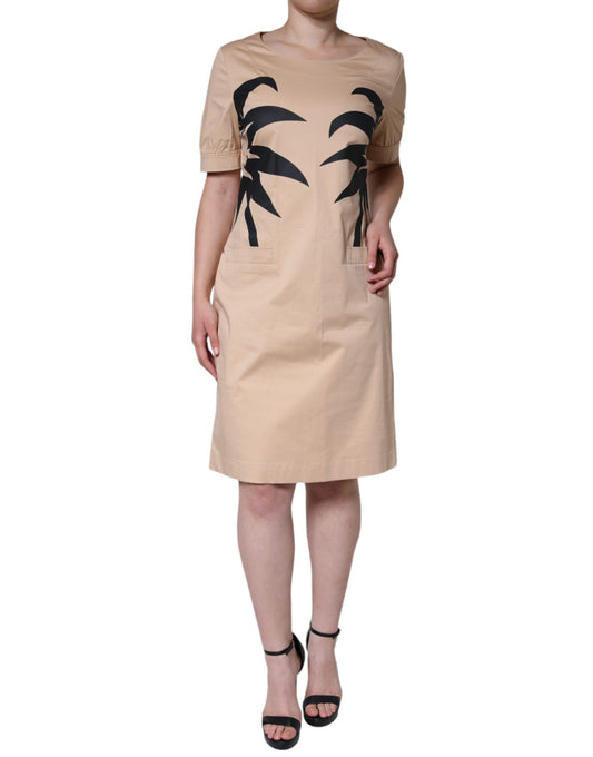 Beige Cotton Short Sleeve Knee Length Dress - The Luxe Alliance