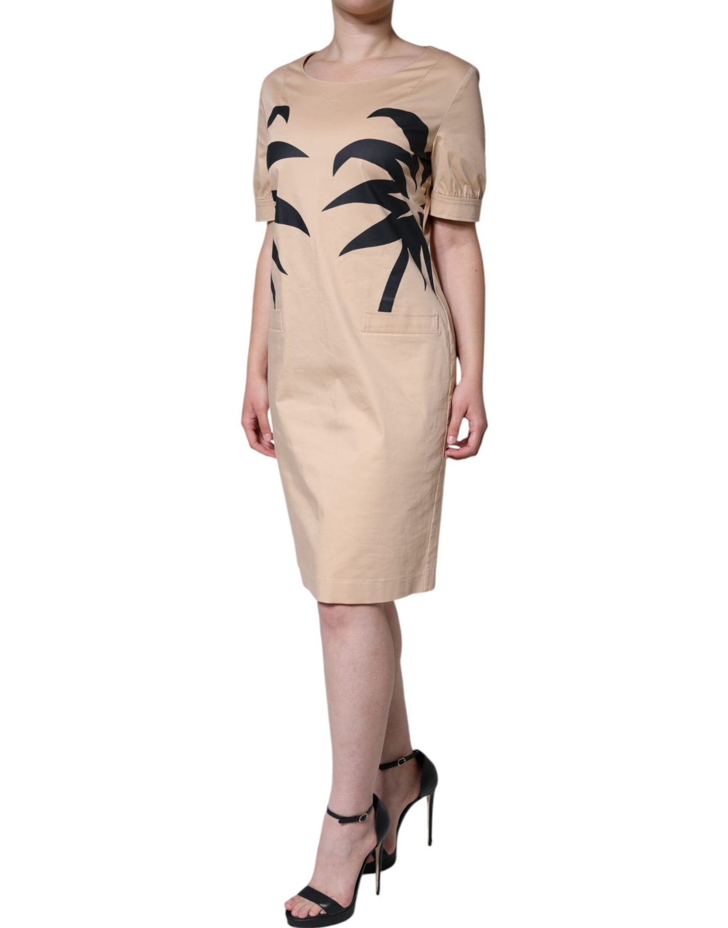 Beige Cotton Short Sleeve Knee Length Dress - The Luxe Alliance