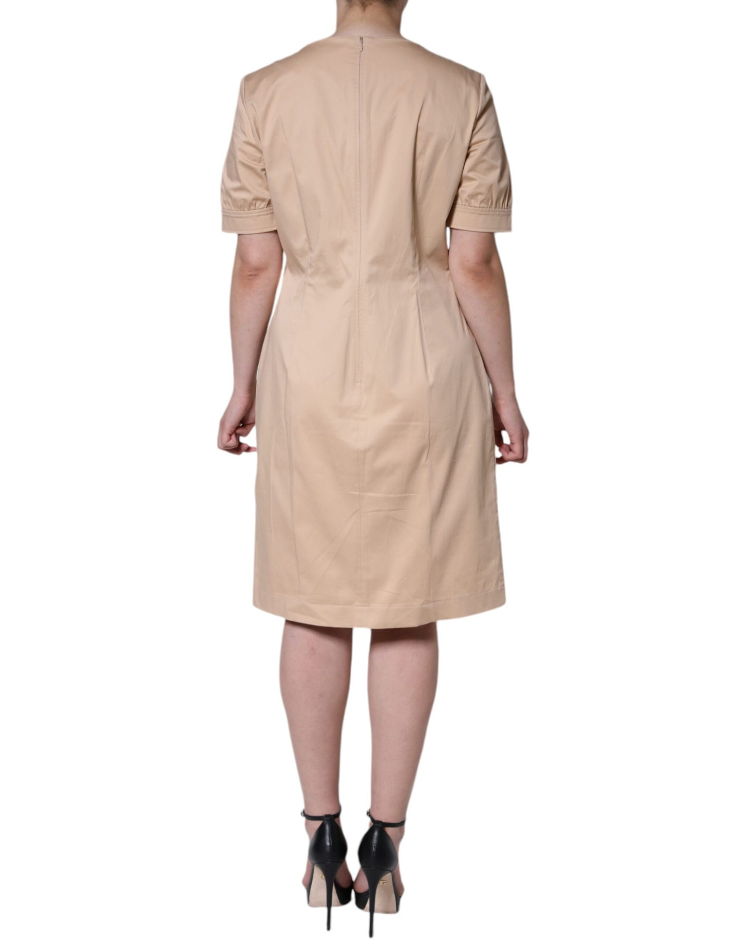 Beige Cotton Short Sleeve Knee Length Dress - The Luxe Alliance