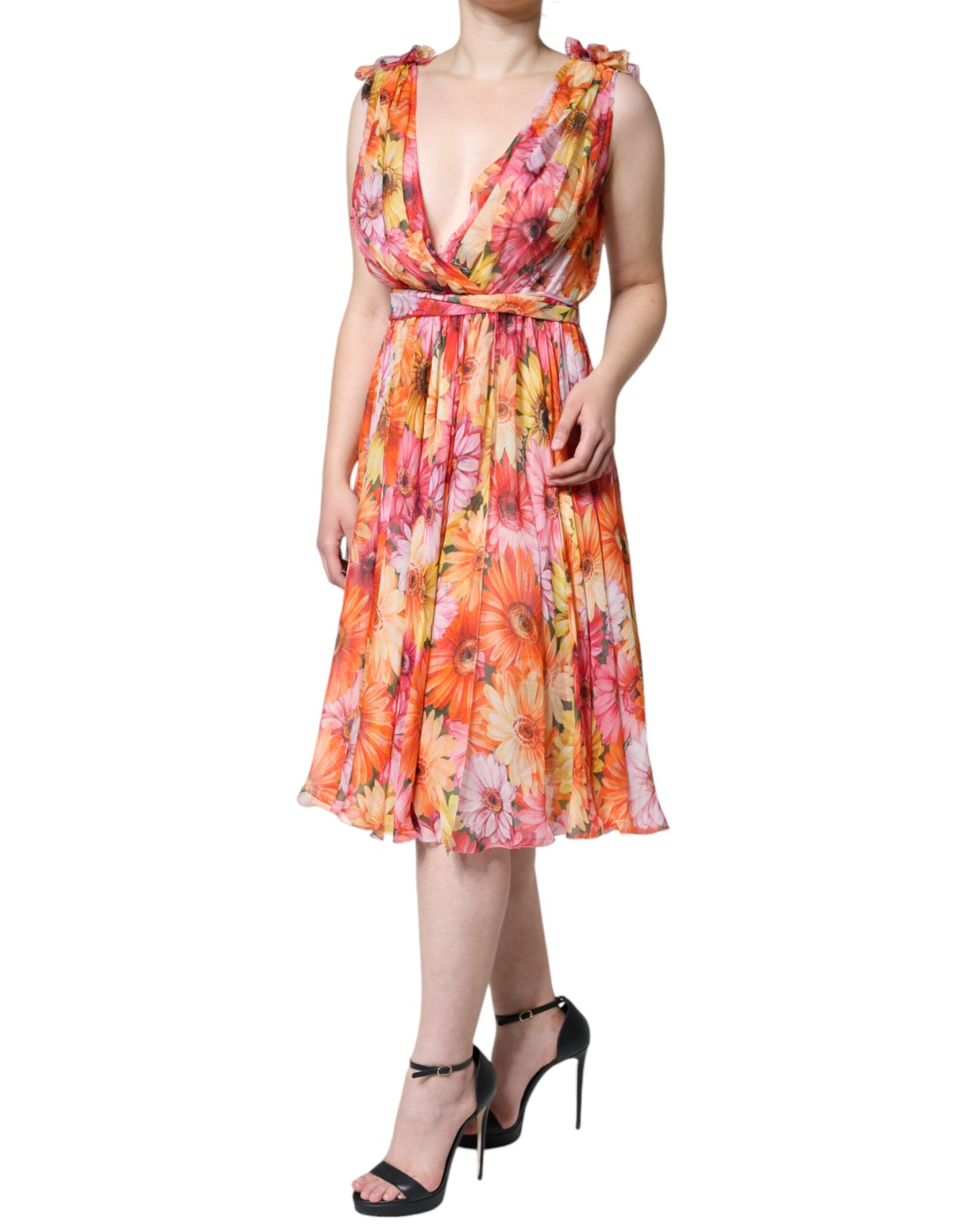 Multicolor Floral Sleeveless V-neck Midi Dress by Dolce & Gabbana