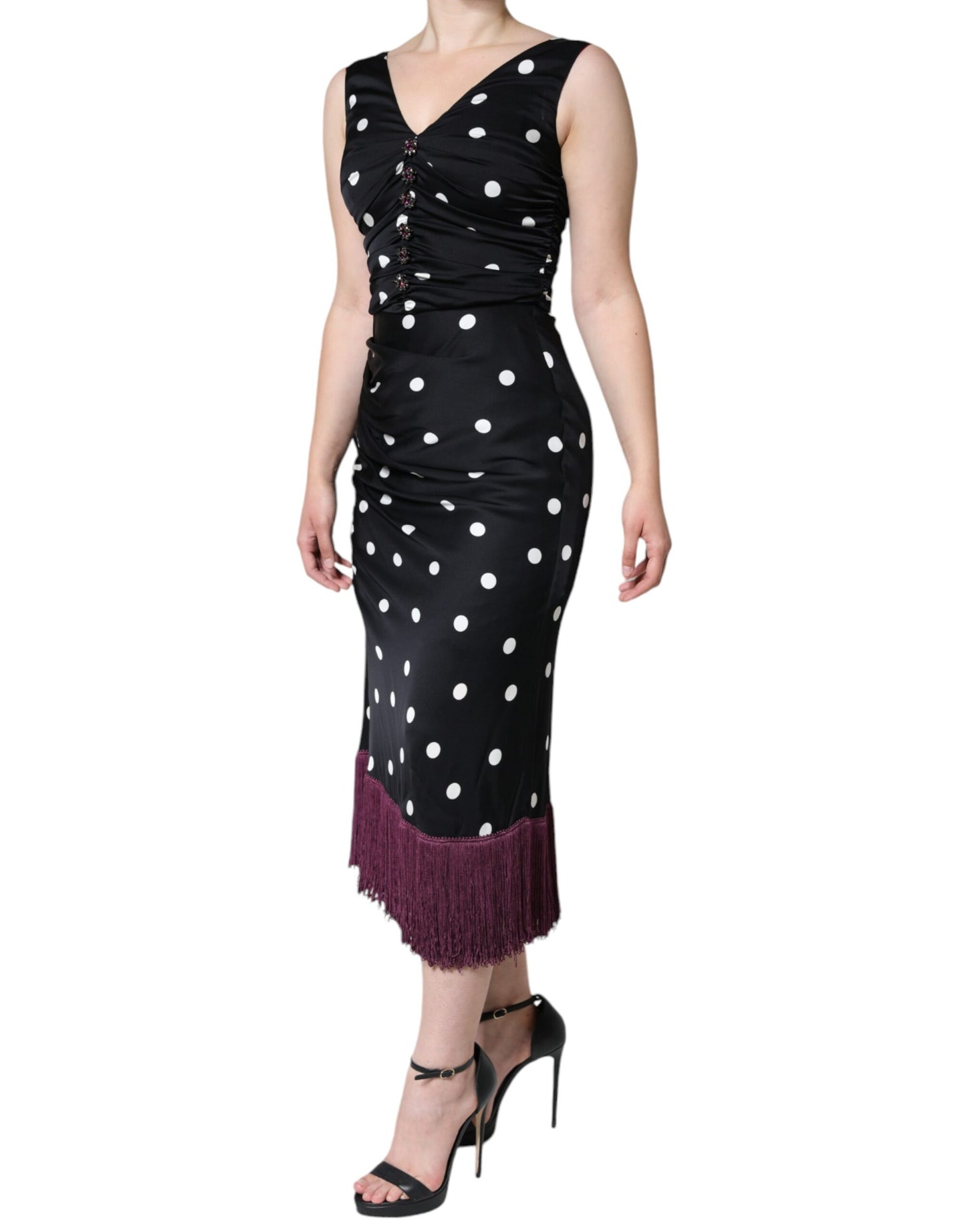 Black Silk Polka Dot V-neck Tassel Midi Dress - The Luxe Alliance