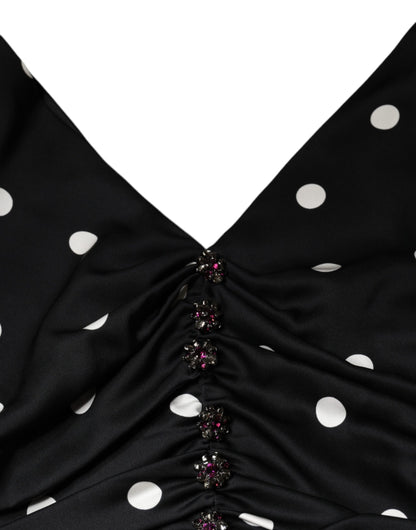 Black Silk Polka Dot V-neck Tassel Midi Dress - The Luxe Alliance