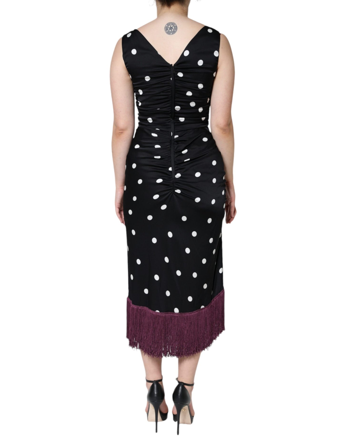 Black Silk Polka Dot V-neck Tassel Midi Dress - The Luxe Alliance