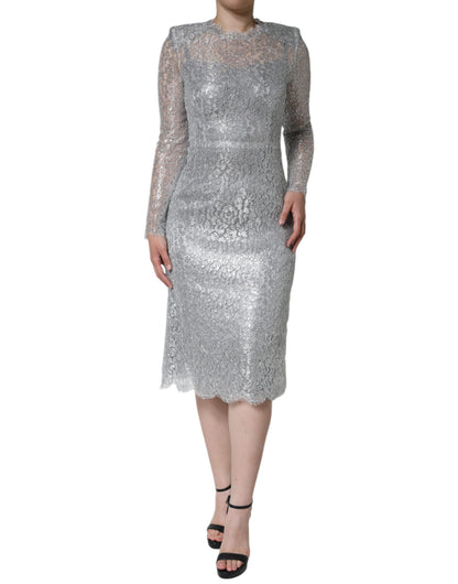 Silver Floral Lace Bodycon Sheath Midi Dress - The Luxe Alliance