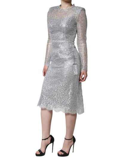 Silver Floral Lace Bodycon Sheath Midi Dress - The Luxe Alliance