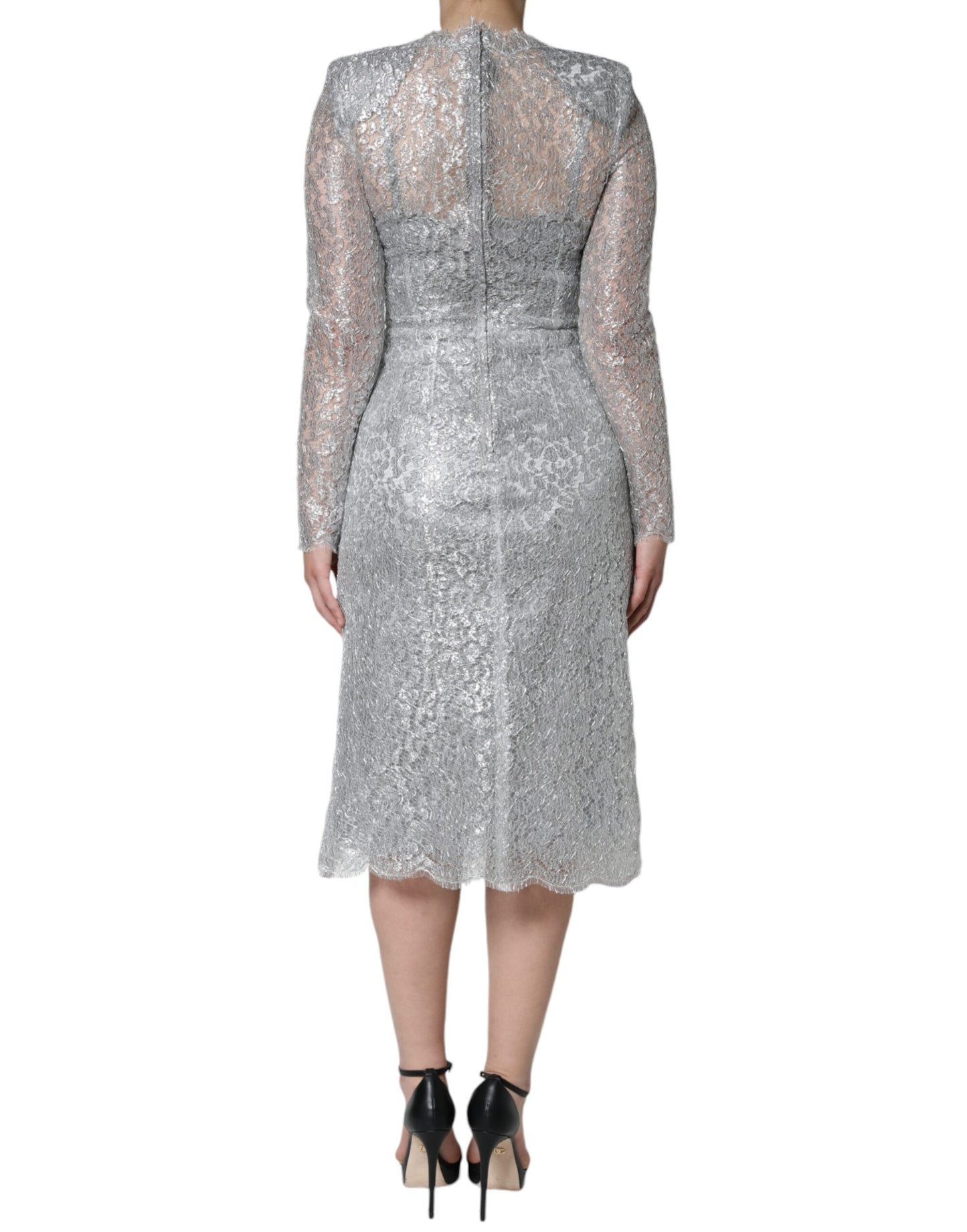 Silver Floral Lace Bodycon Sheath Midi Dress - The Luxe Alliance