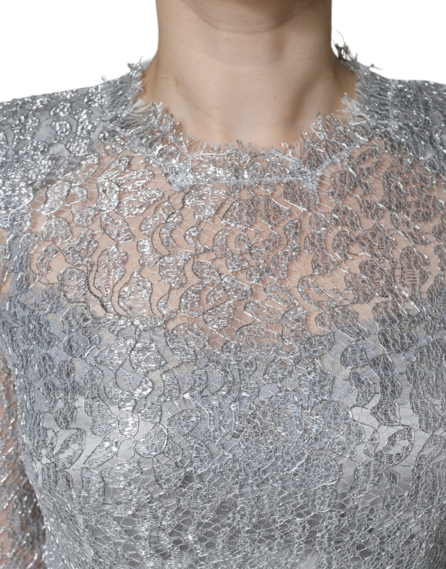 Silver Floral Lace Bodycon Sheath Midi Dress - The Luxe Alliance