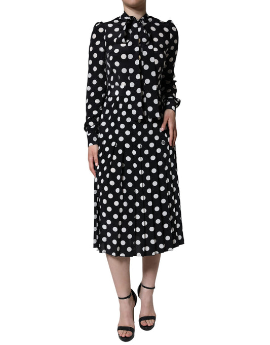 Black White Polka Dot Ascot Collar Midi Dress - The Luxe Alliance