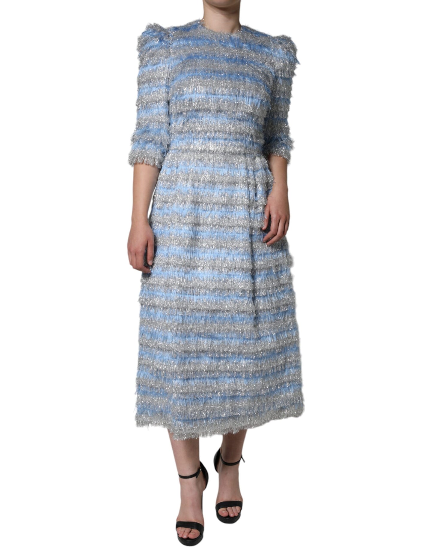 Light Blue Silver Jacquard A-line Midi Dress - The Luxe Alliance