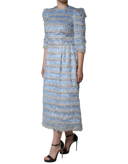 Light Blue Silver Jacquard A-line Midi Dress - The Luxe Alliance