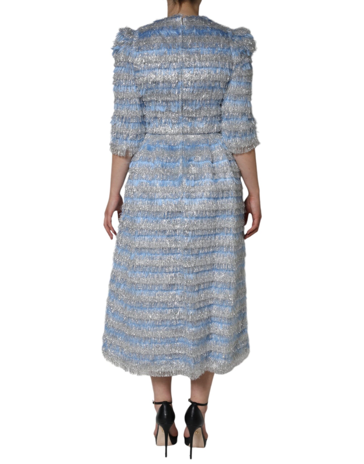 Light Blue Silver Jacquard A-line Midi Dress - The Luxe Alliance