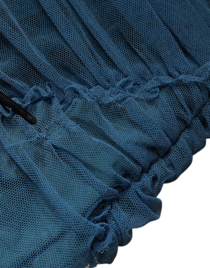 Blue Mesh Trim Ruched Tulle Sheath Dress