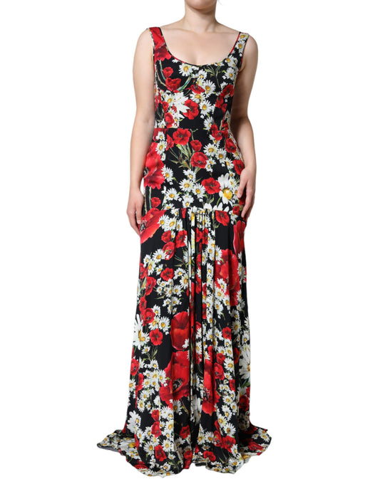 Black Floral Silk Sleeveless Long Gown Dress - The Luxe Alliance