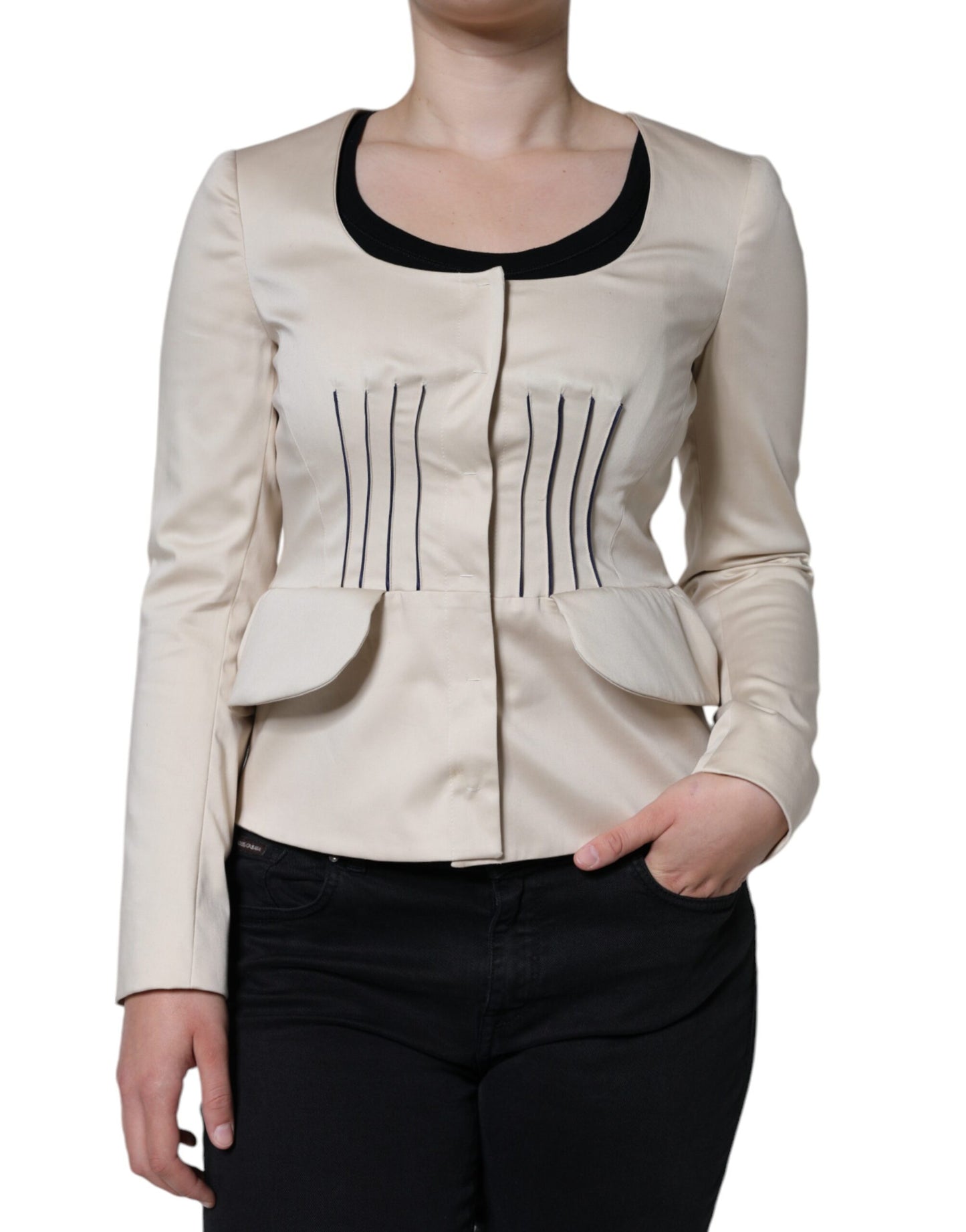  - Beige Cotton Long Sleeves Round Neck Blazer Jacket