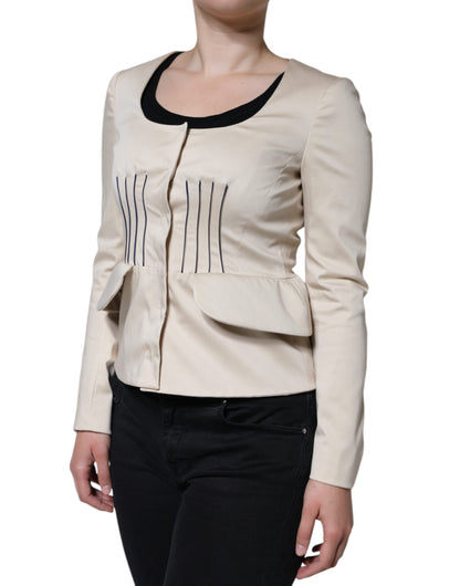  - Beige Cotton Long Sleeves Round Neck Blazer Jacket