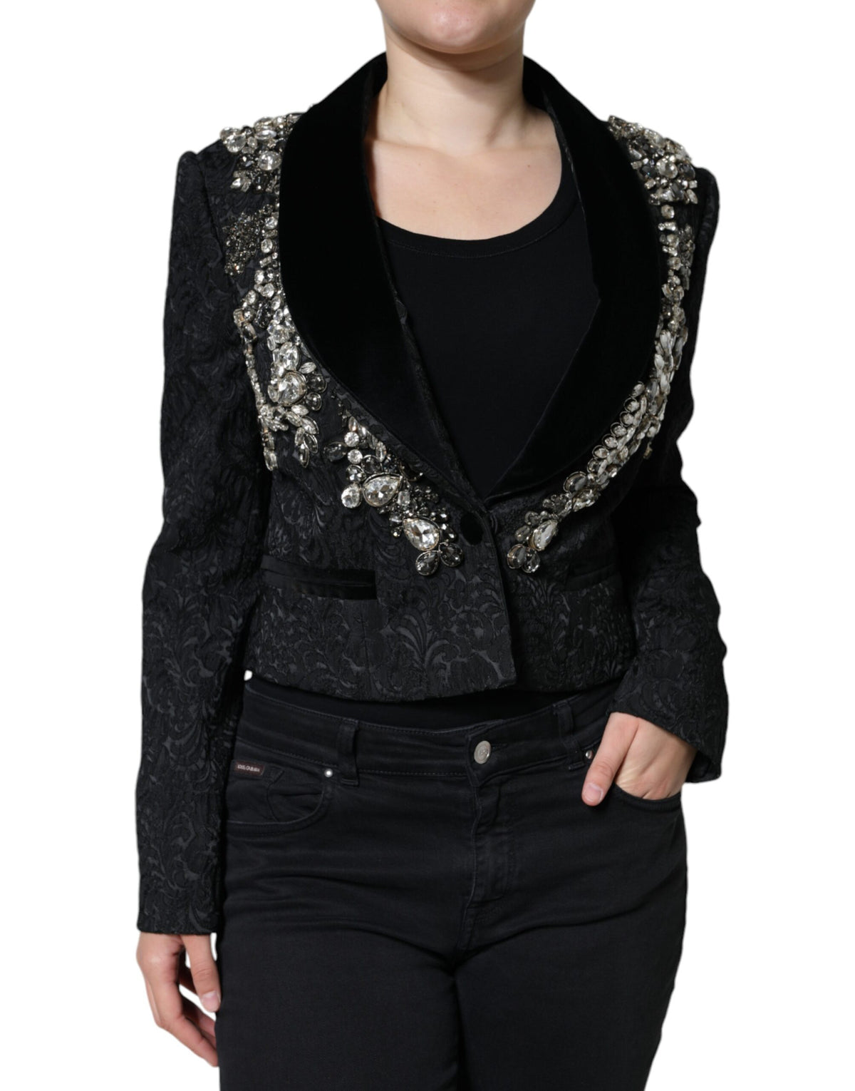 Black Jacquard Crystal Floral Jacket Blazer by Dolce & Gabbana