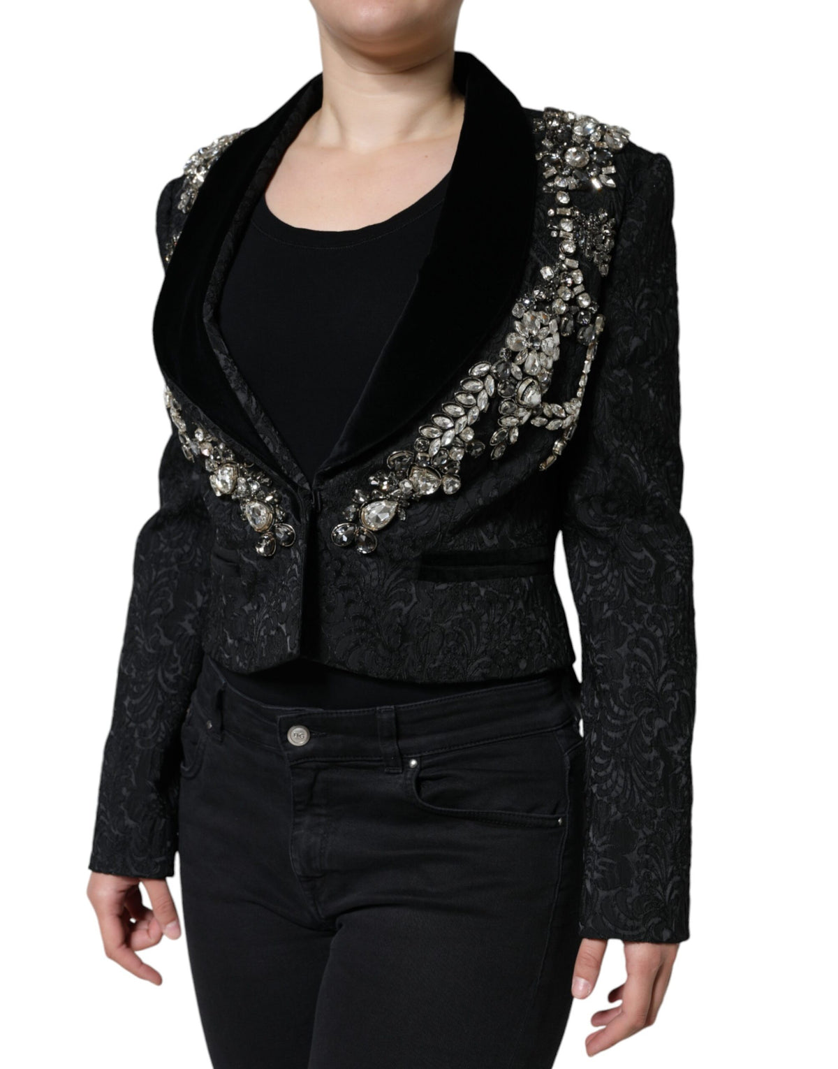 Black Jacquard Crystal Floral Jacket Blazer by Dolce & Gabbana