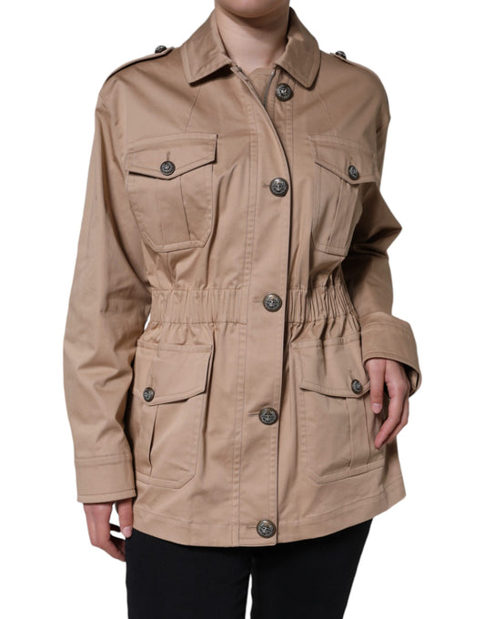  - Beige Cotton Long Sleeve Collared Coat Jacket