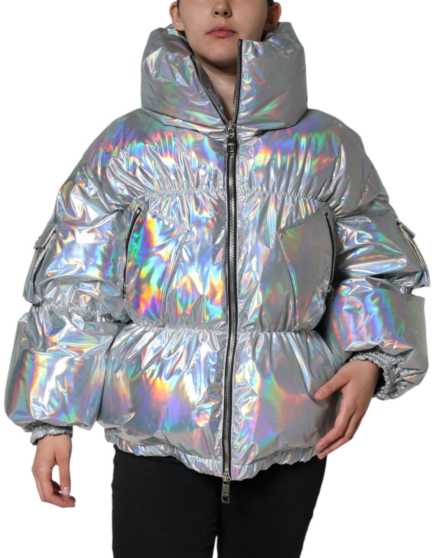  - Silver Iridescent Puffer Full Zip Coat Jacket