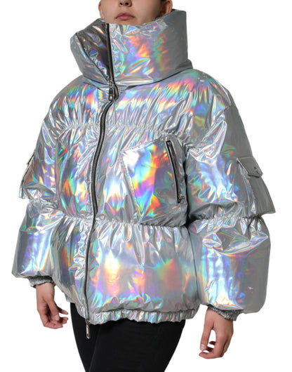  - Silver Iridescent Puffer Full Zip Coat Jacket