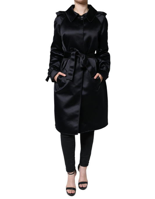  - Black Polyester Organza Belted Coat Jacket