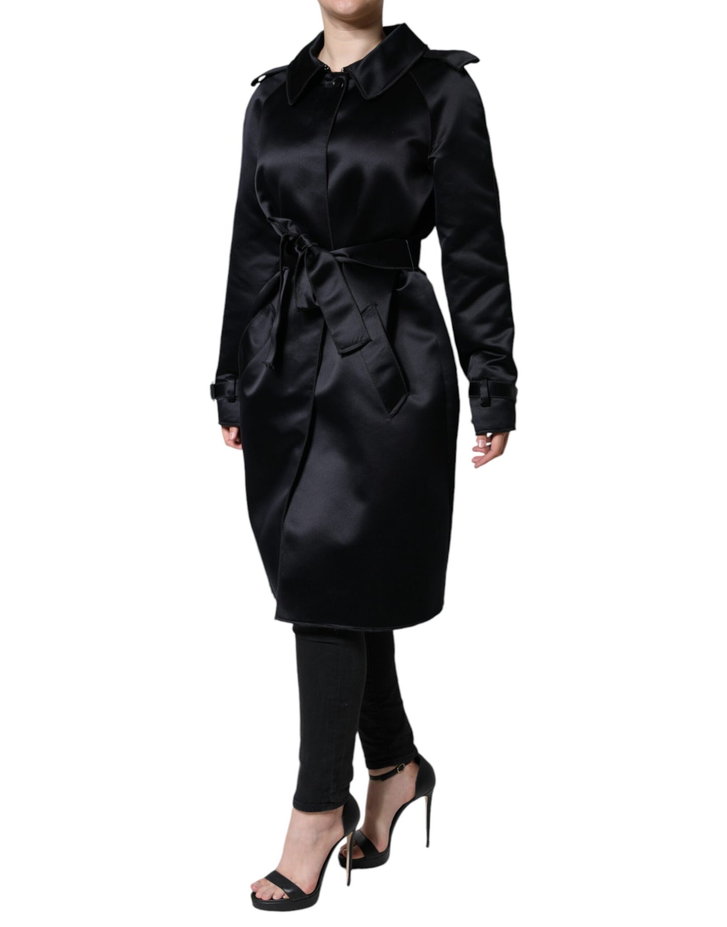  - Black Polyester Organza Belted Coat Jacket