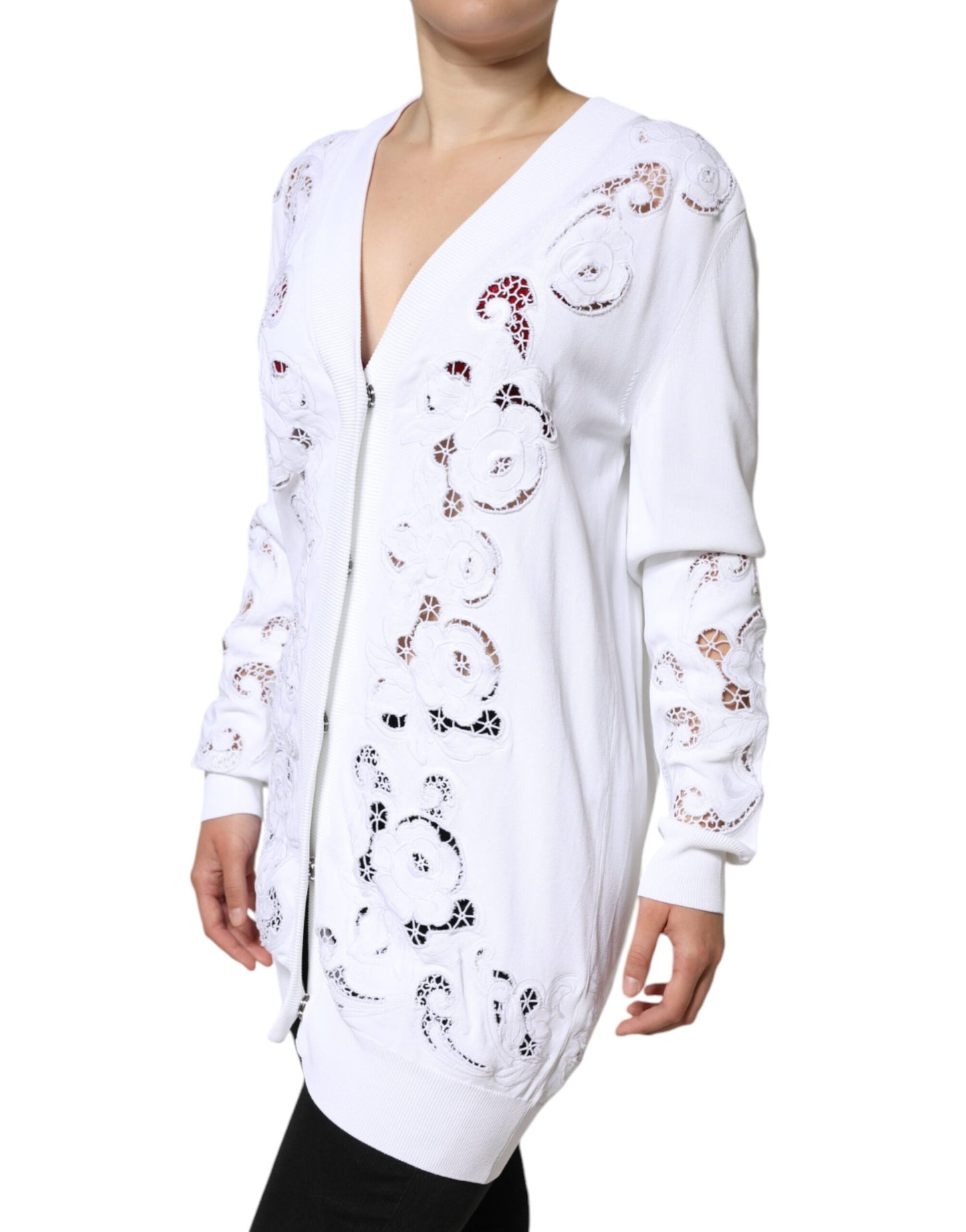  - White Viscose Floral Cut Out Cardigan Sweater