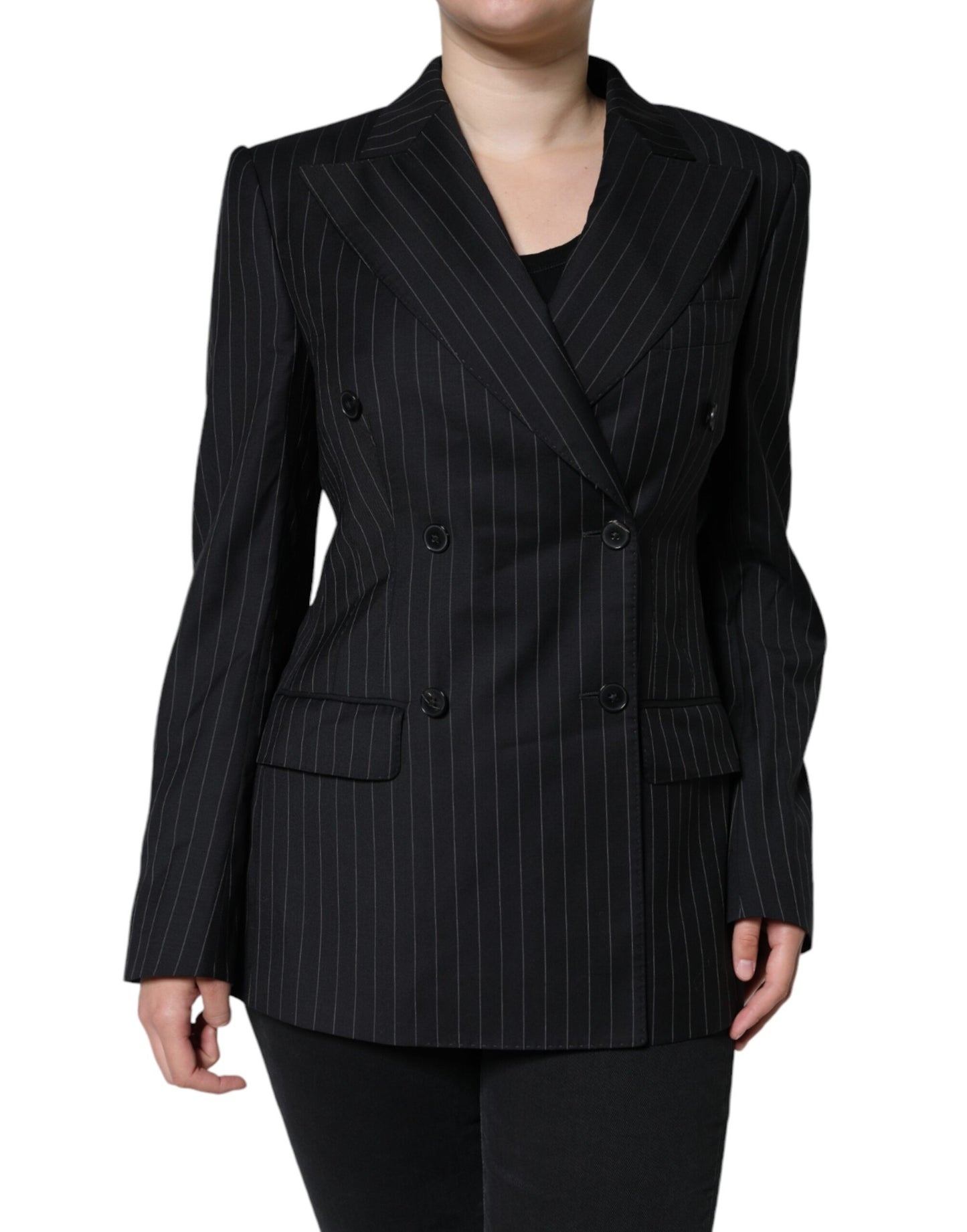  - Black Striped Double Breasted Coat Jacket