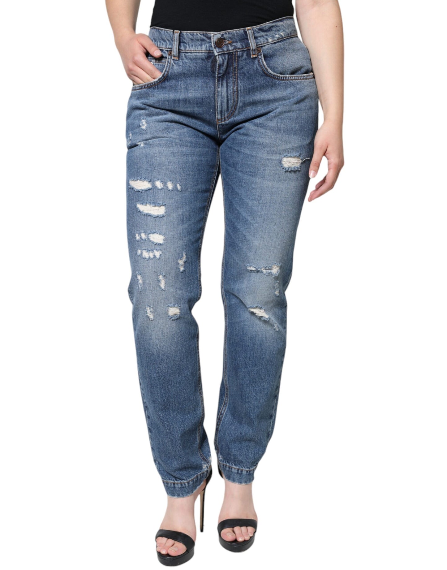  - Blue Cotton Tattered Boyfriend Denim Jeans