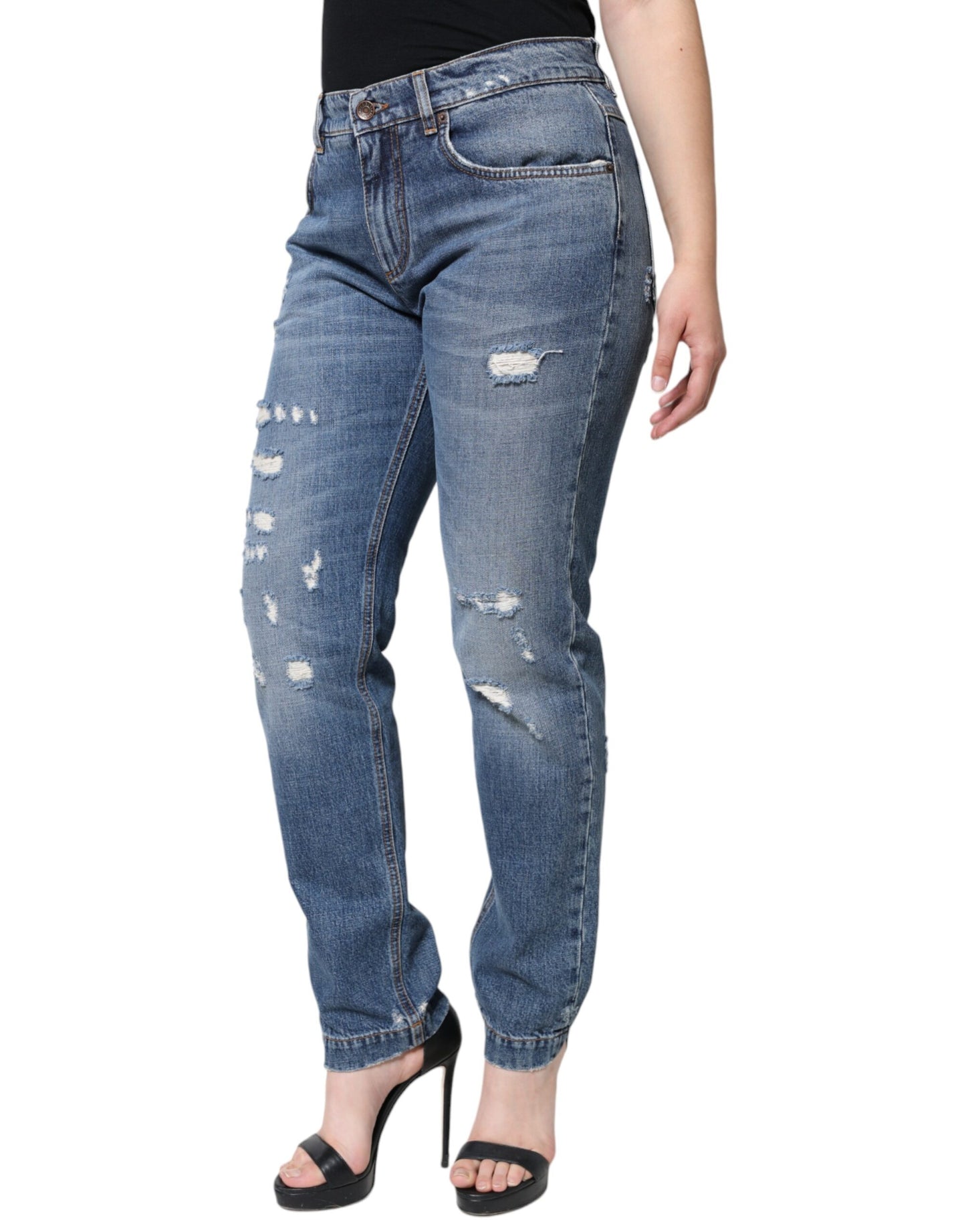  - Blue Cotton Tattered Boyfriend Denim Jeans