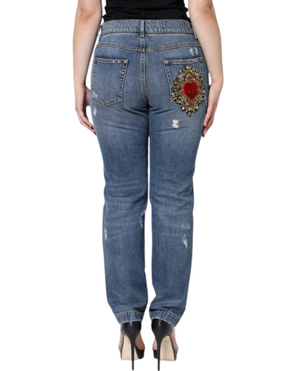  - Blue Cotton Tattered Boyfriend Denim Jeans