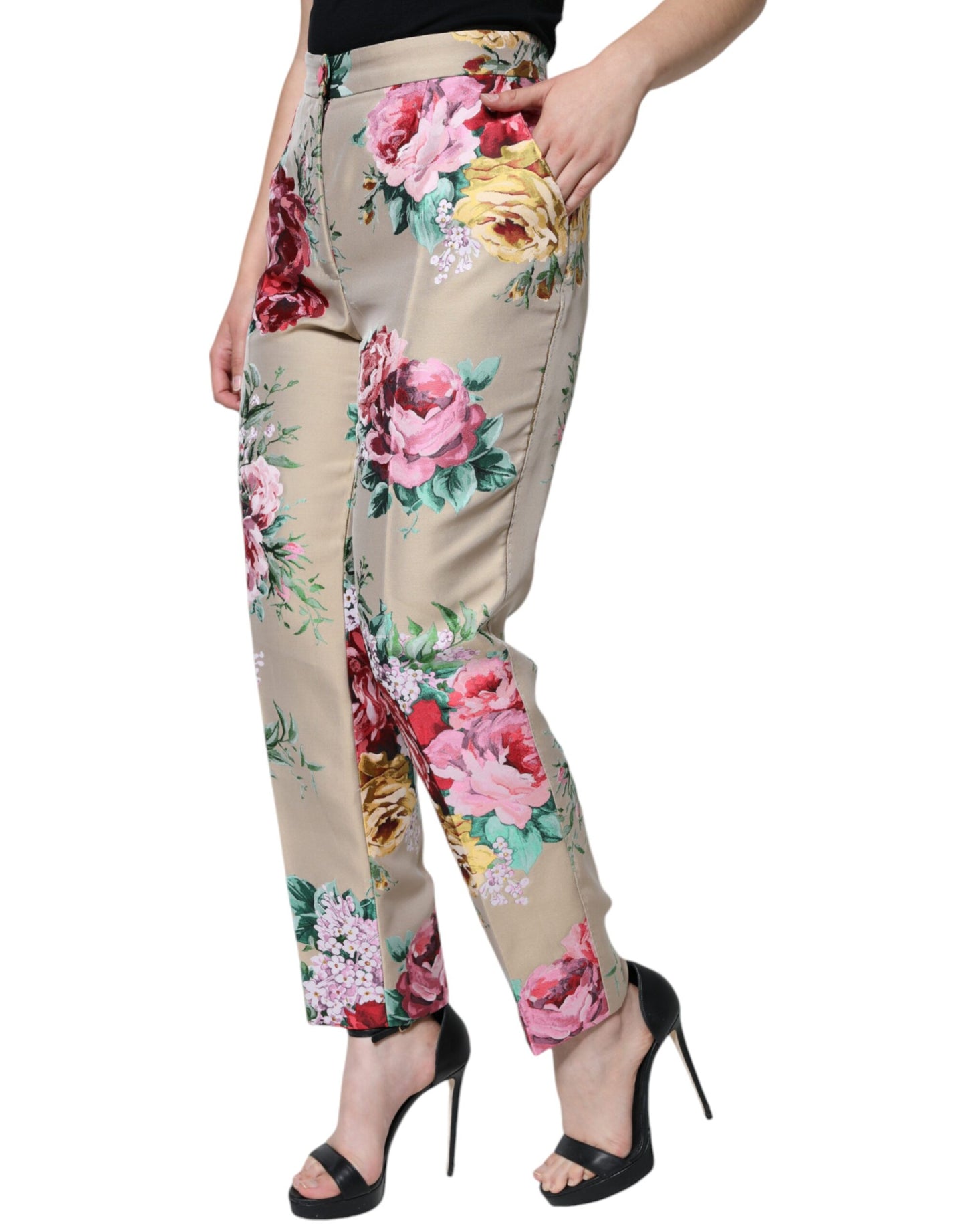  - Beige Floral Jacquard High Waist Tapered Pants