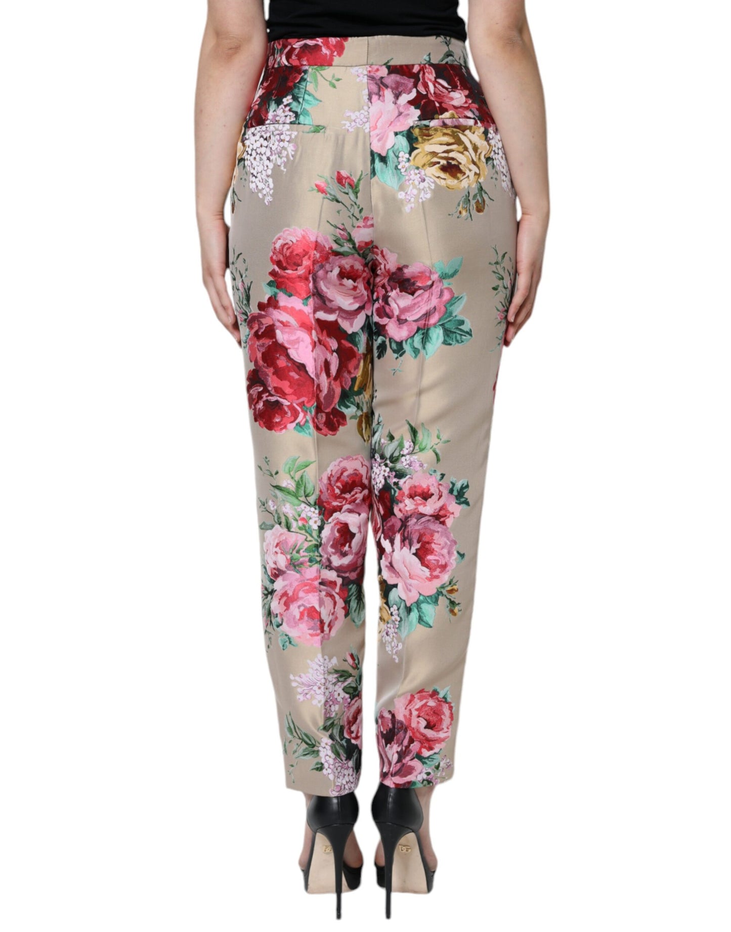  - Beige Floral Jacquard High Waist Tapered Pants