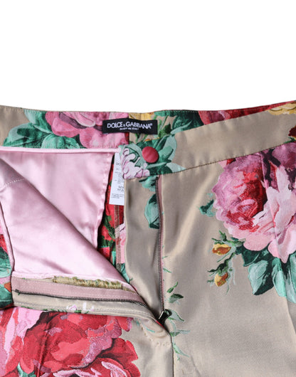  - Beige Floral Jacquard High Waist Tapered Pants