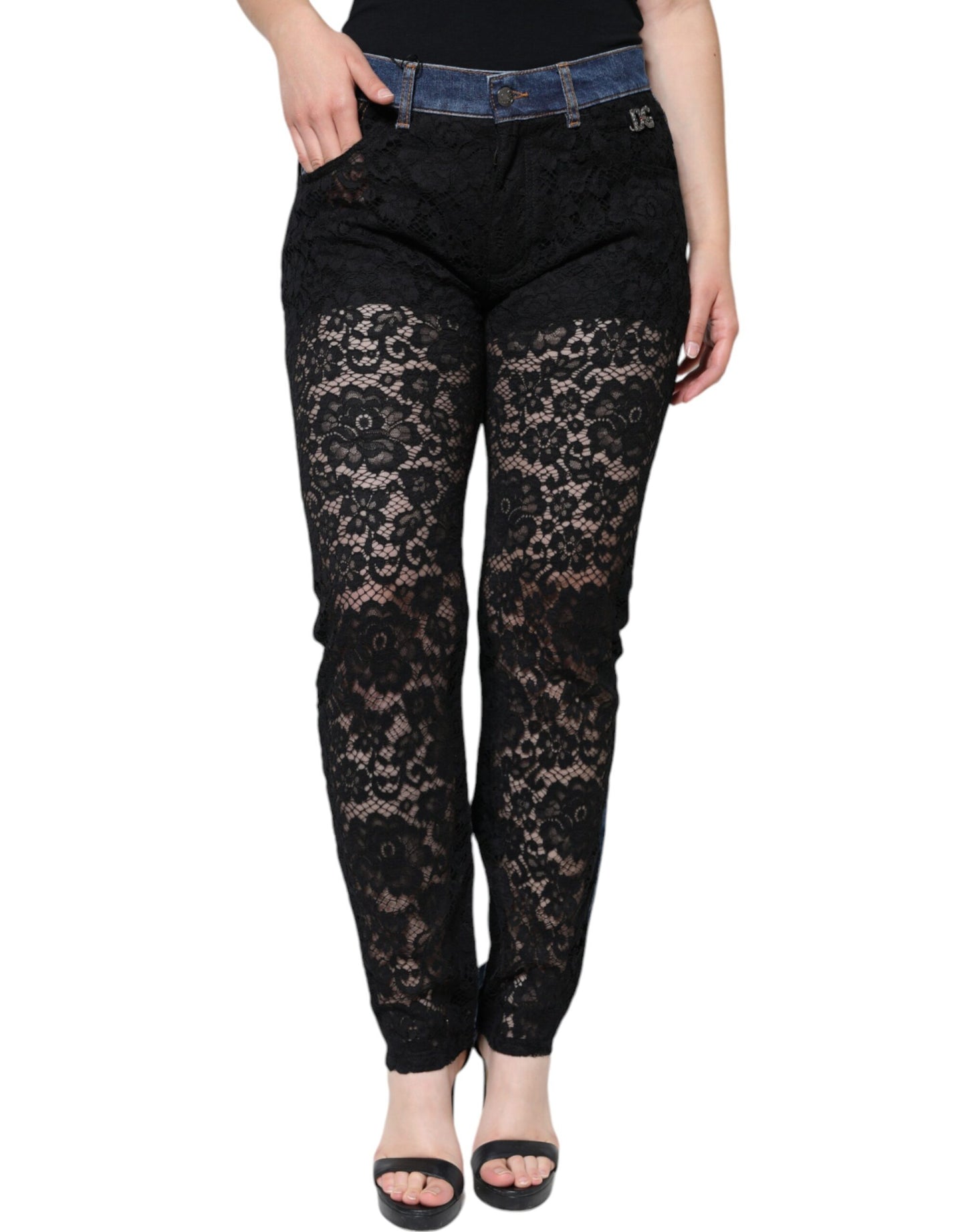  - Black Floral Lace Front Skinny Denim Jeans