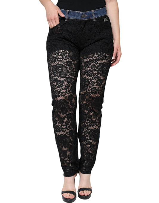  - Black Floral Lace Front Skinny Denim Jeans