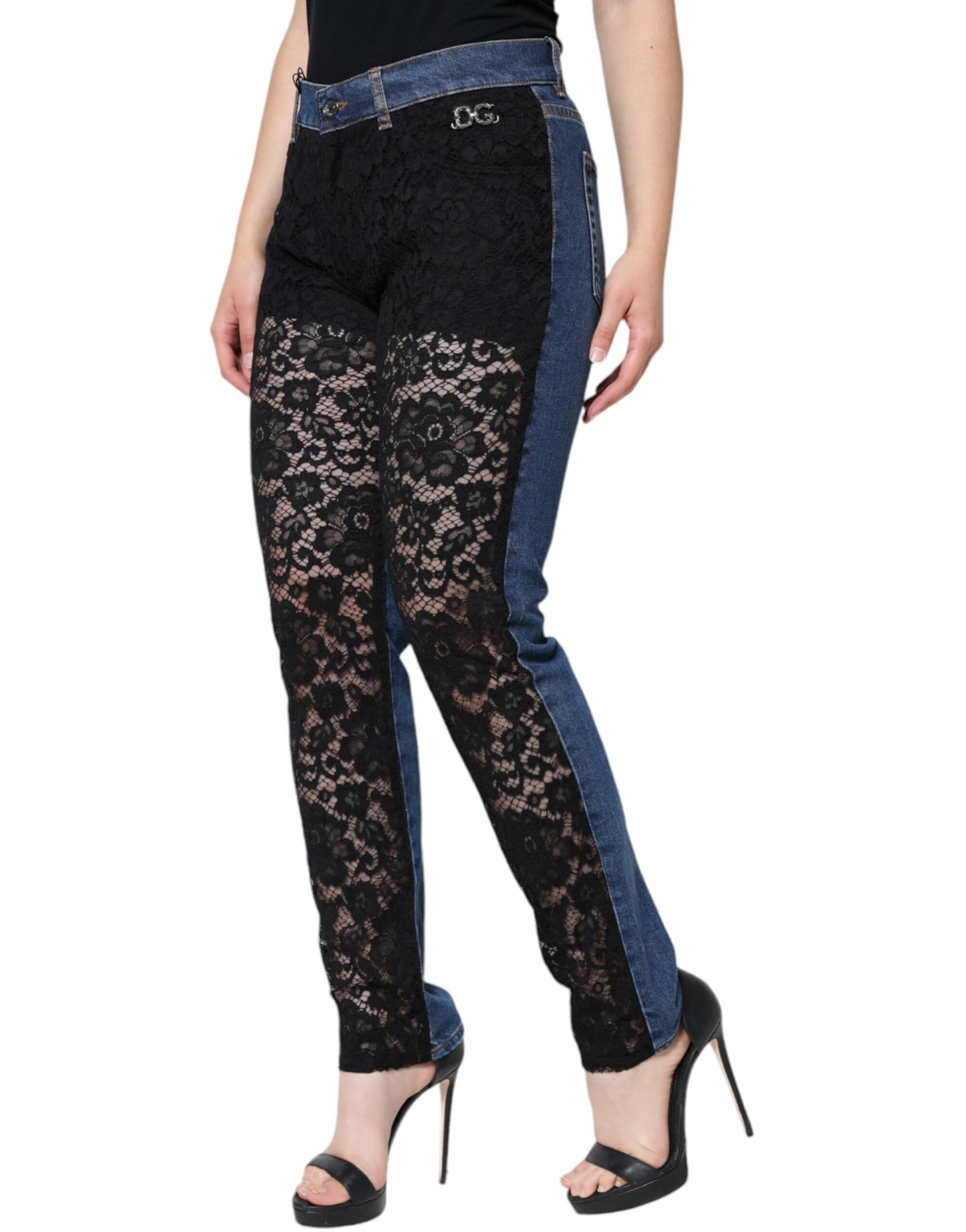  - Black Floral Lace Front Skinny Denim Jeans