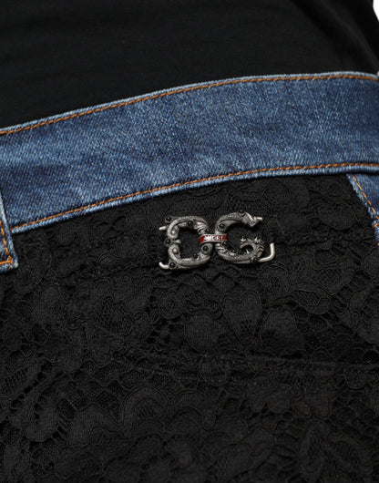  - Black Floral Lace Front Skinny Denim Jeans