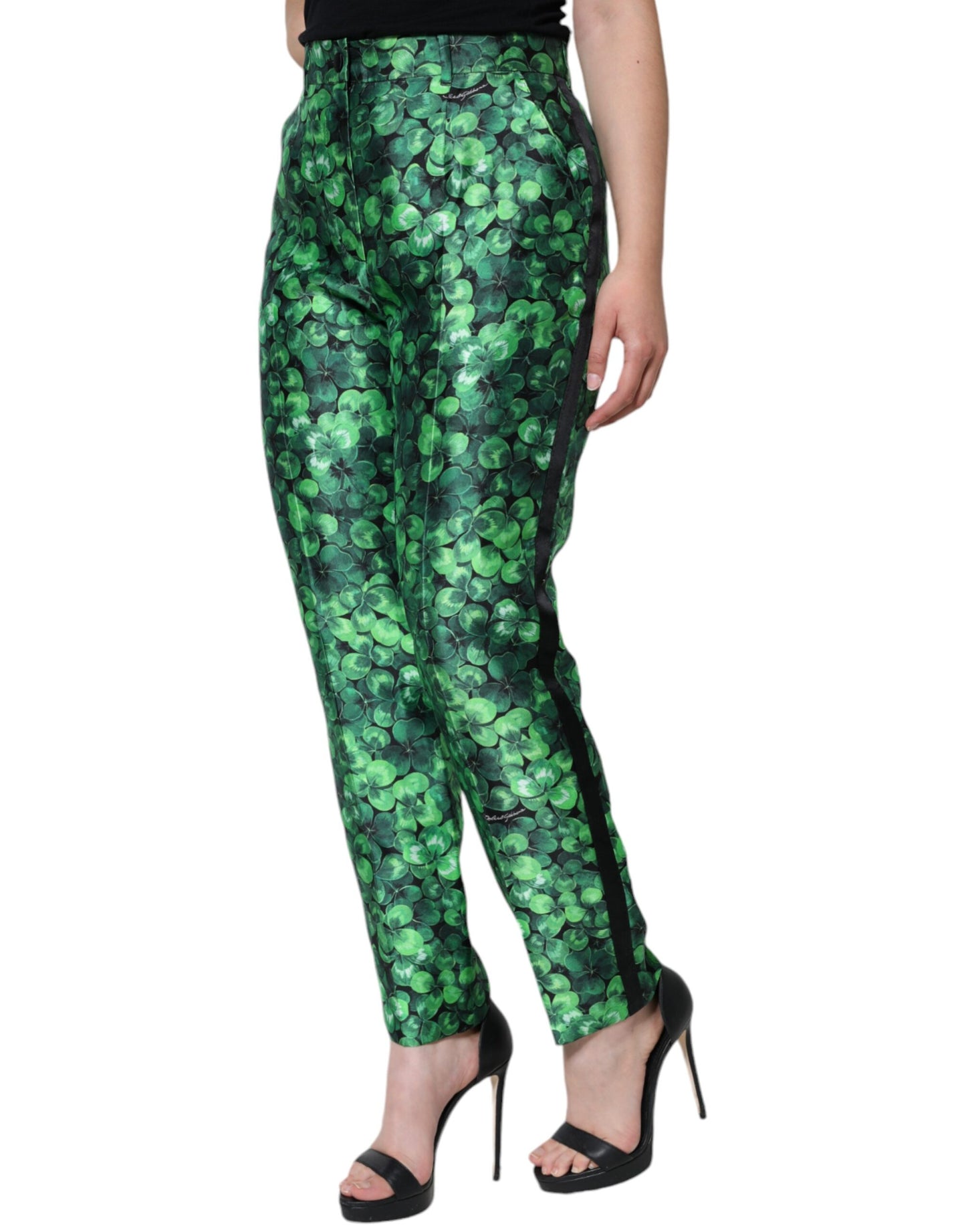  - Green Clover Silk Satin High Waist Tapered Pants