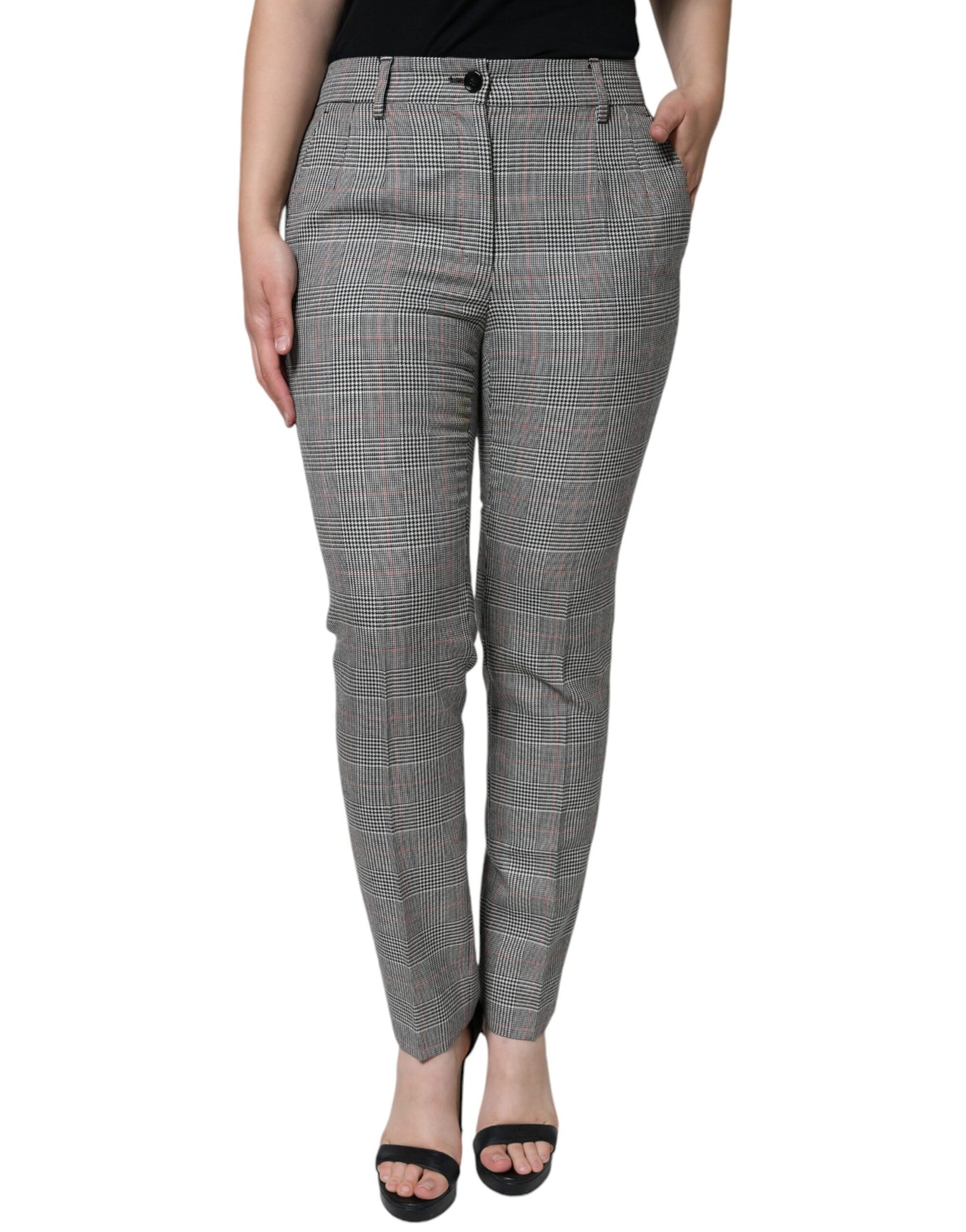  - Gray Plaid Wool Mid Waist Women Tapered Pants