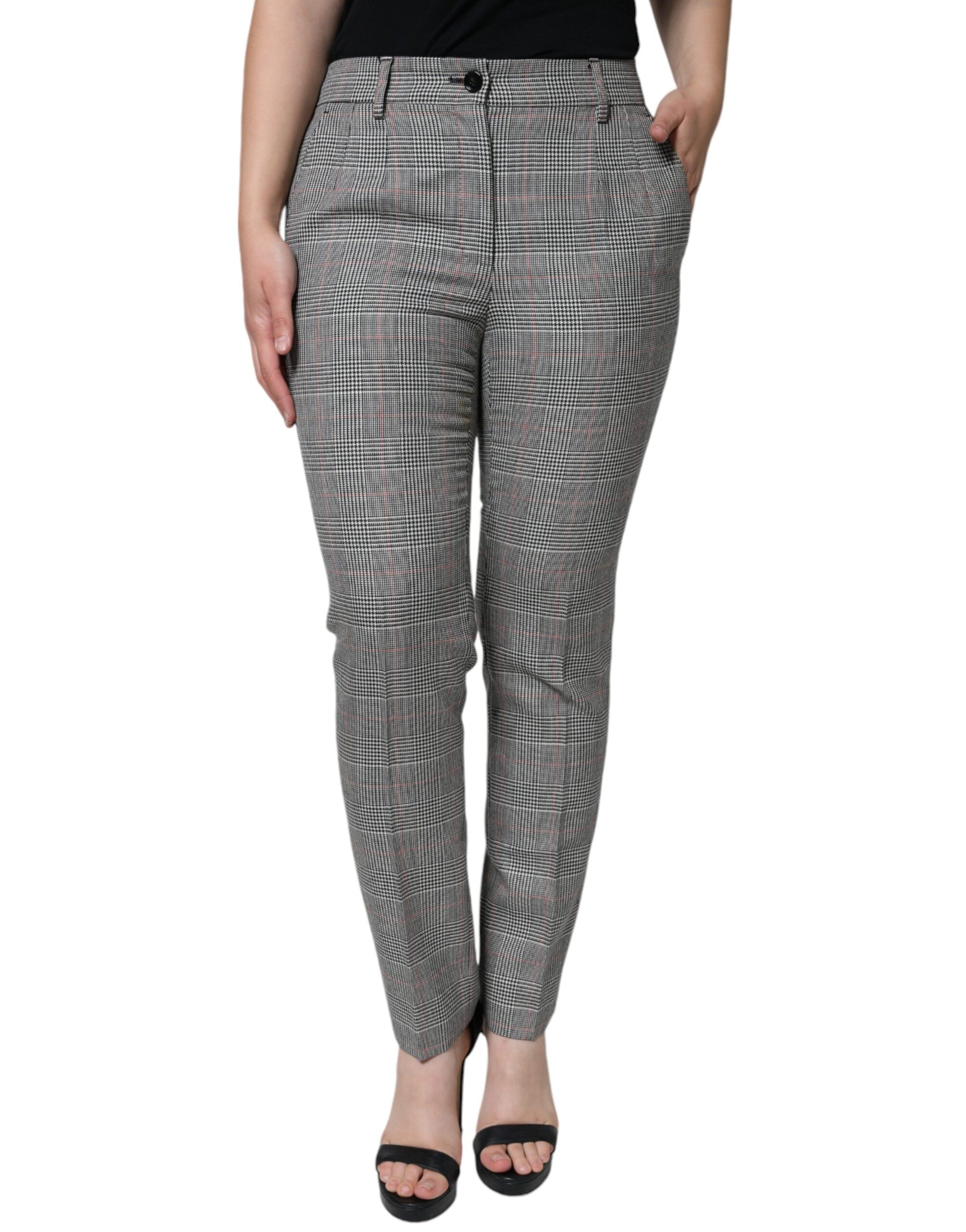 Gray Plaid Wool Mid Waist Women Tapered Pants