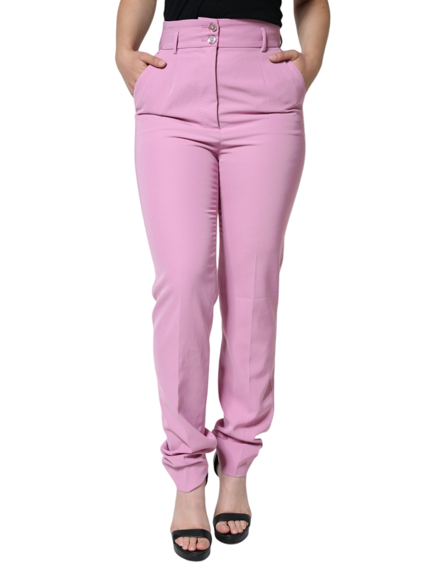  - Pink Polyester High Waist Women Tapered Pants