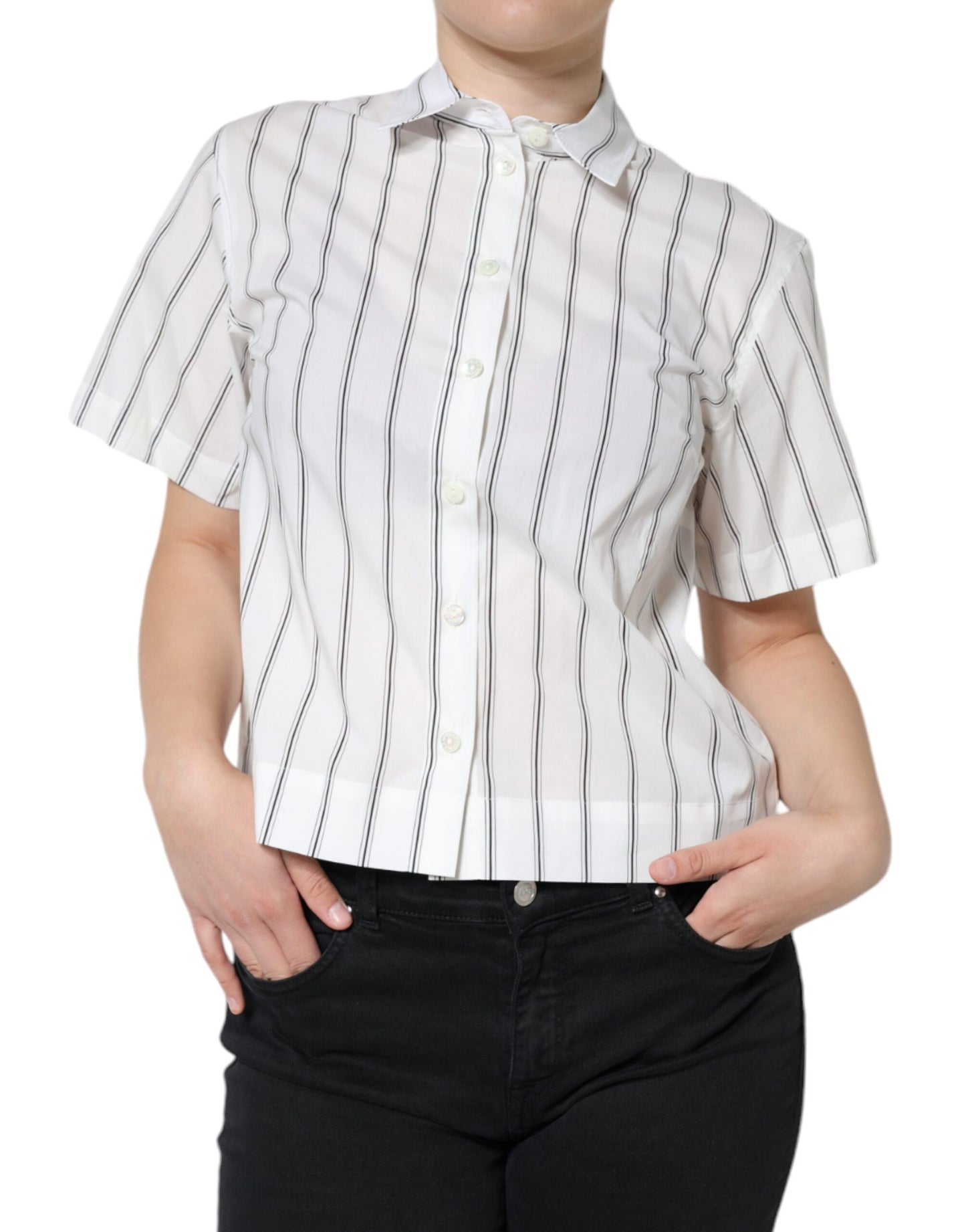  - White Striped Collared Short Sleeve Polo Top