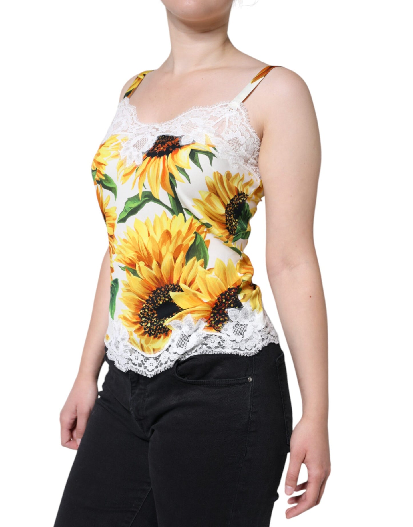  - White Silk Sunflower Lace Sleeveless Tank Top