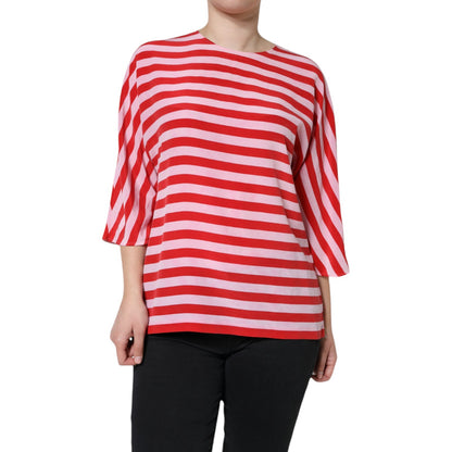  - White Red Striped Silk Round Neck T-shirt