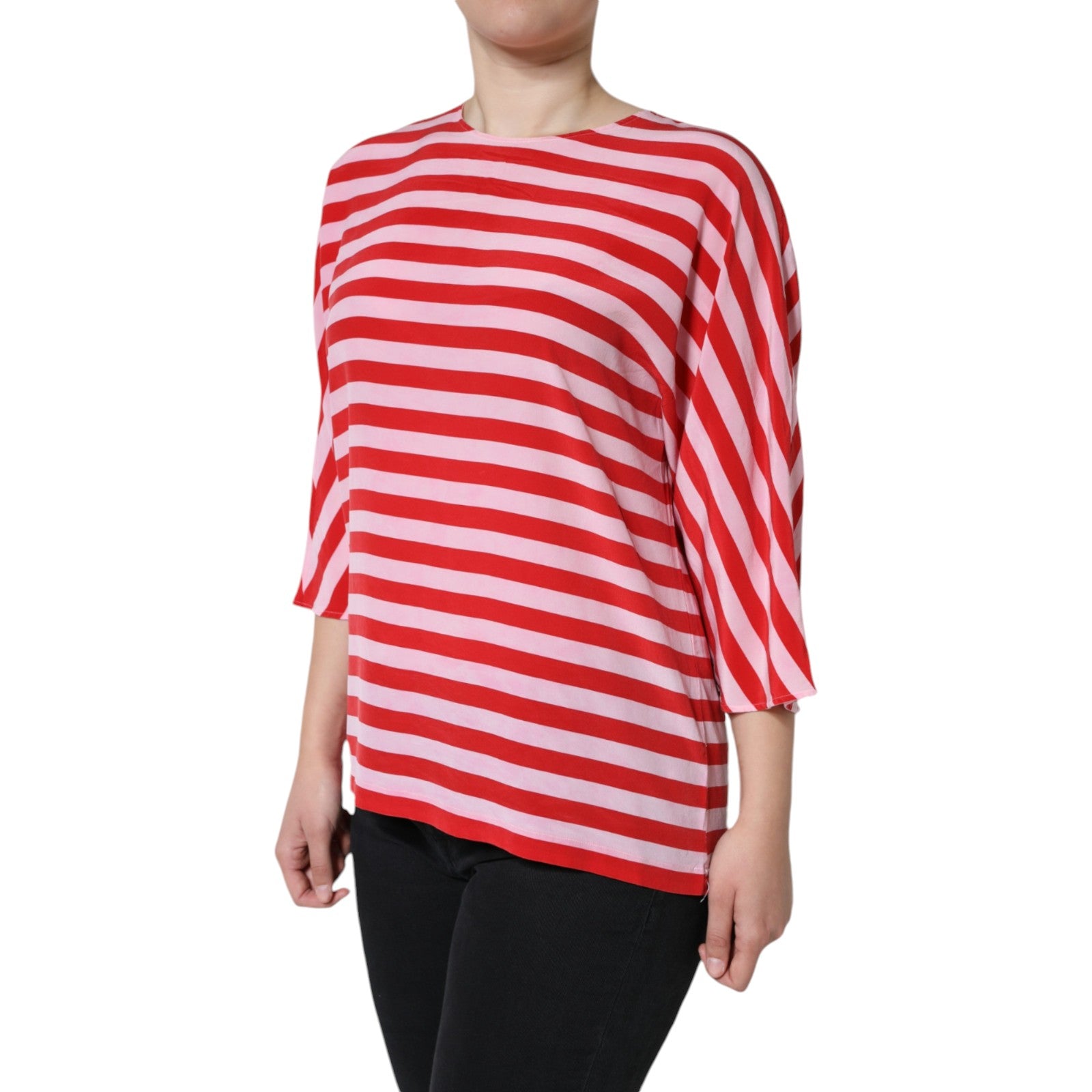 White Red Striped Silk Round Neck T-shirt