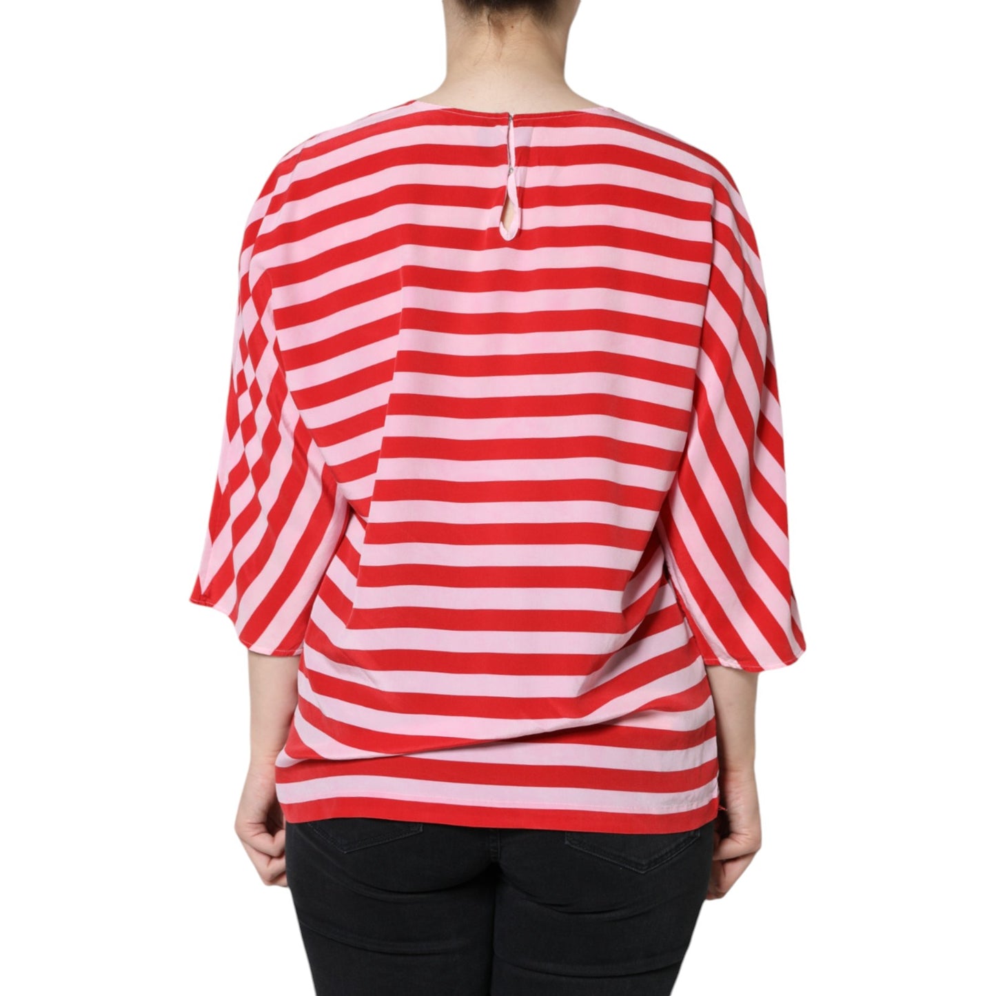  - White Red Striped Silk Round Neck T-shirt