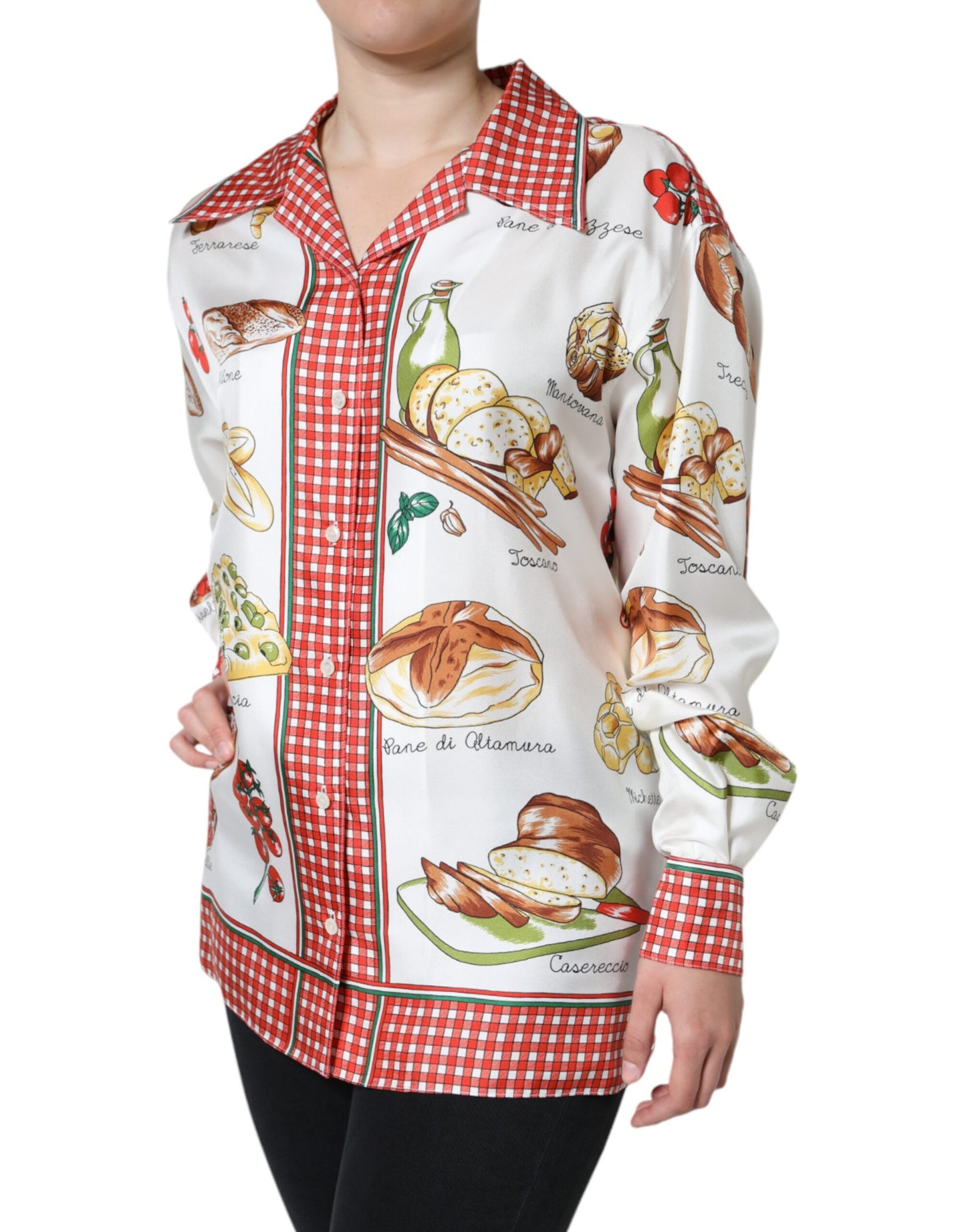  - Multicolor Bread Print Collared Blouse Top